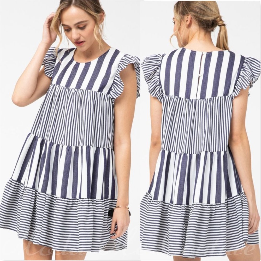 Hampton Vertical Blue Striped Babydoll Dre…